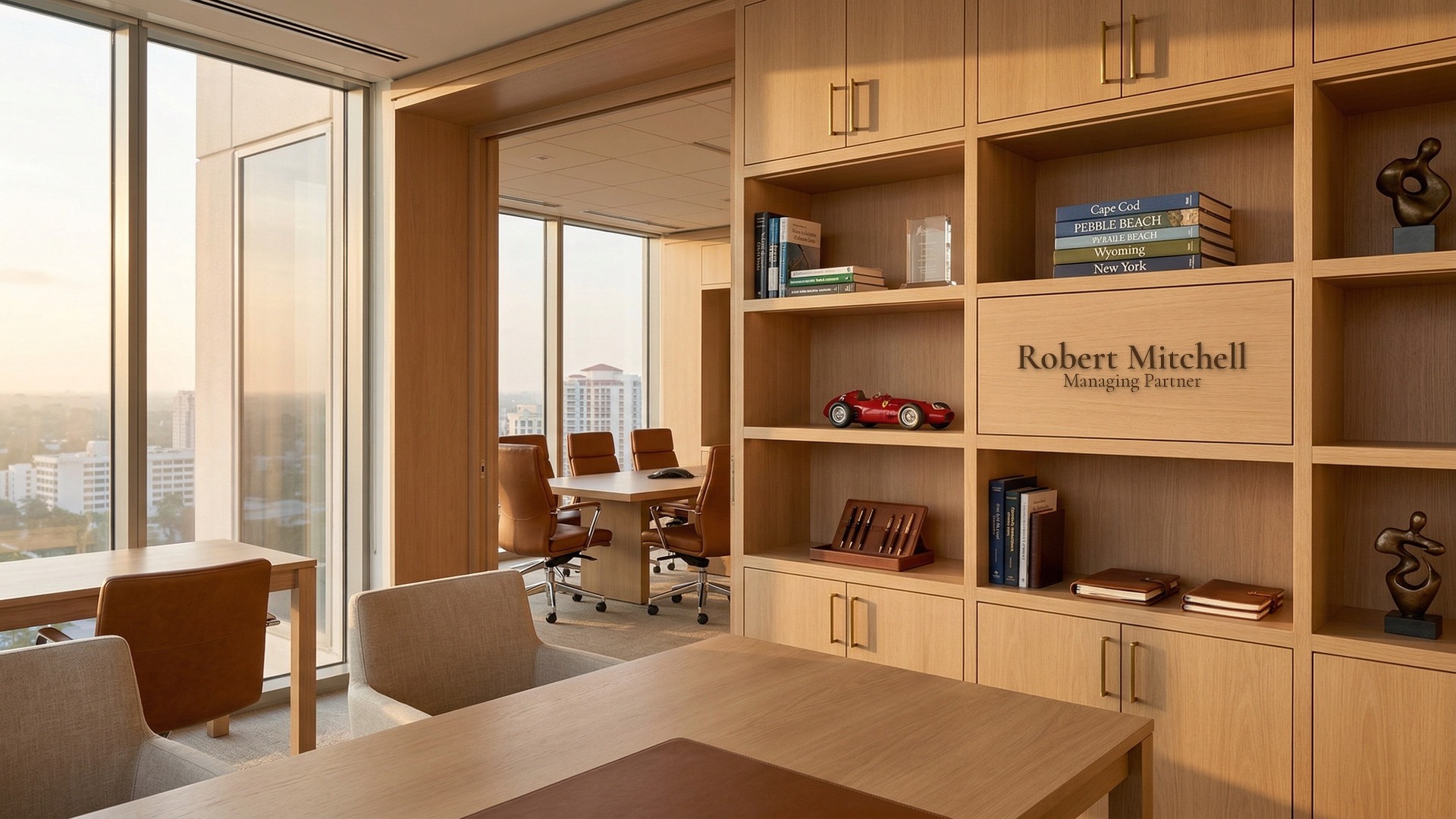 Robert Mitchell, Managing Partner — personalized executive office with engraved name, conference room view, and curated personal objects