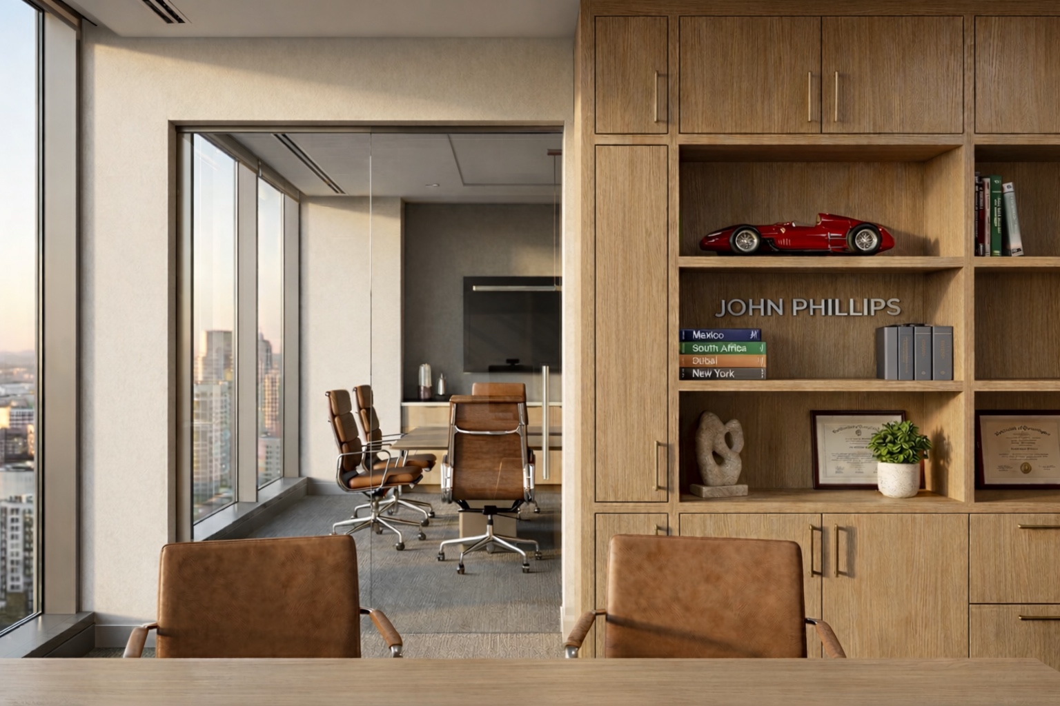 John Phillips — distinctive executive office with engraved name, Ferrari model, leather chairs, and cityscape view