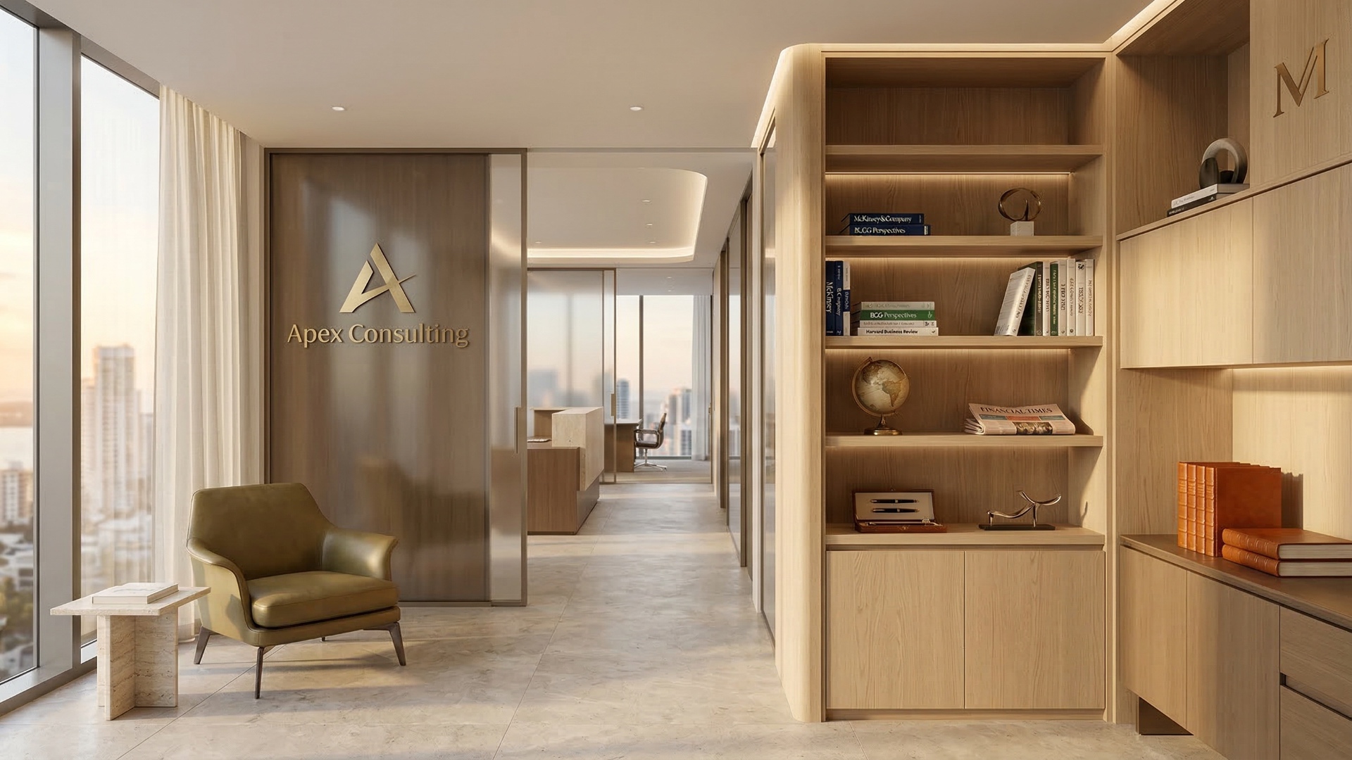 Apex Consulting — refined common space with firm logo on glass, globe, and professional library