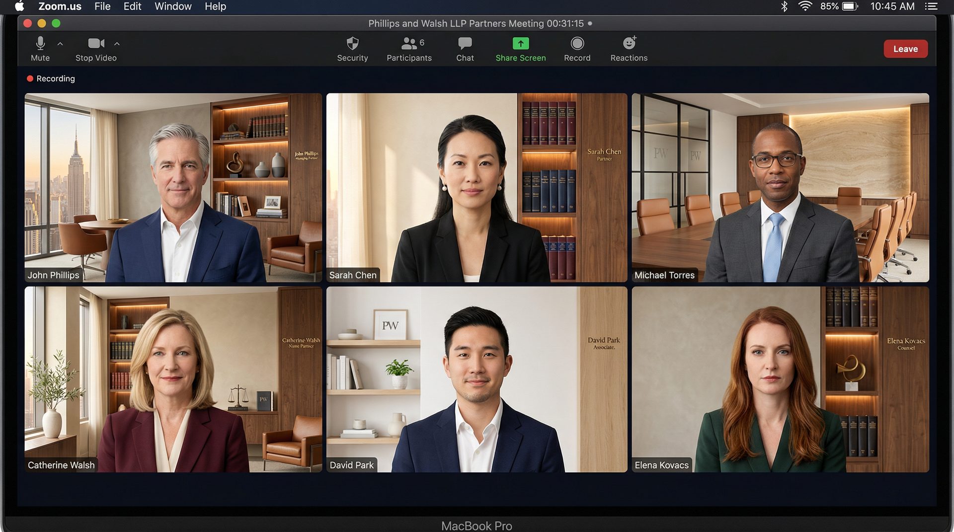 Six-person video meeting showing coordinated firm environments for each participant